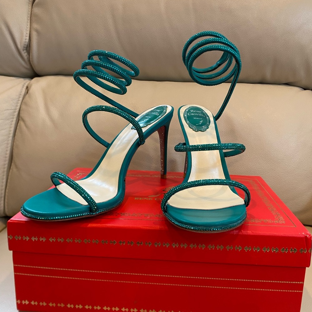 Rene Caovilla Crystal Snake Wrap Stiletteo Sandals Heels Green